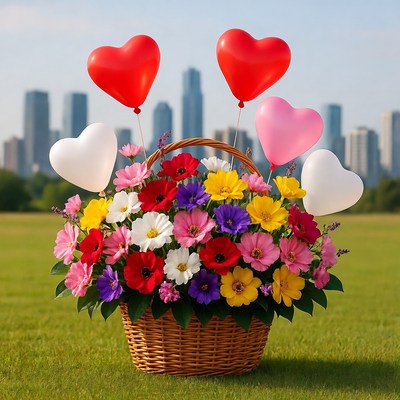 Basket of flowers with heart balloons
