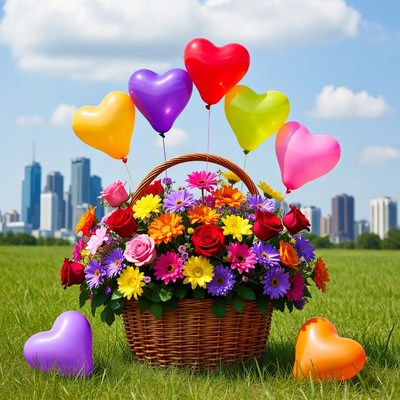 Colorful flowers with balloons in city park