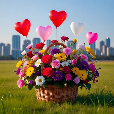 Colorful flowers with balloons in city park