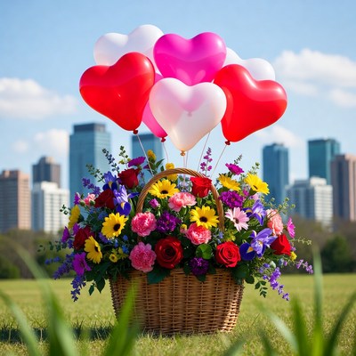 Flower basket with balloons in city park