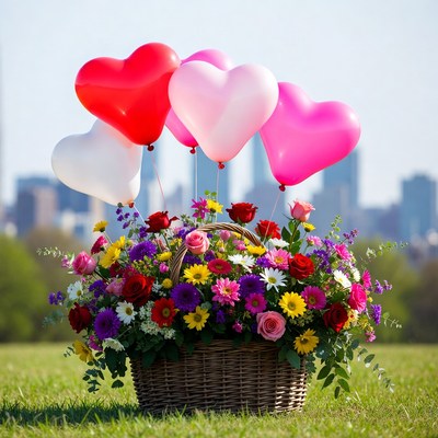 Colorful flowers and heart balloons in park