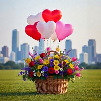 Colorful flower basket with heart balloons