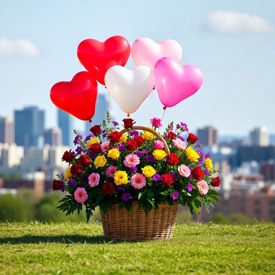 Colorful flowers and balloons for celebration