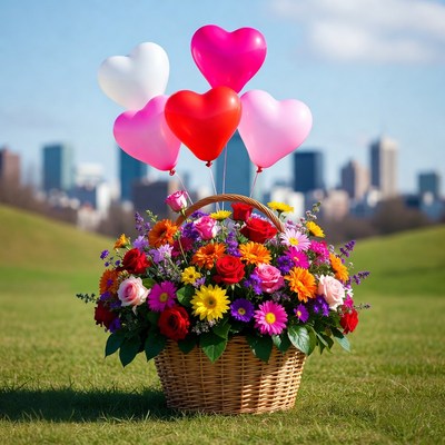 Flowers and balloons in city park