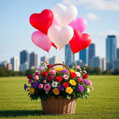 Basket of flowers and balloons in city park