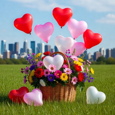 Flowers and heart balloons in city park