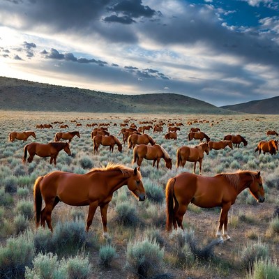Wild horses in open field
