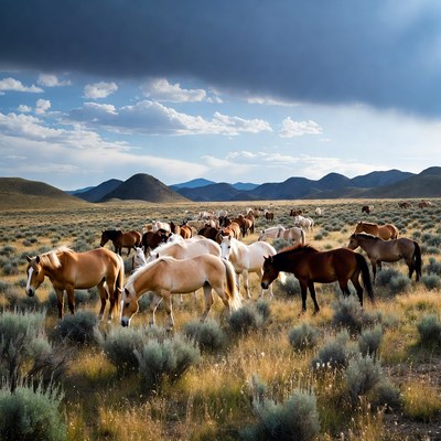 Herd of wild horses in open field