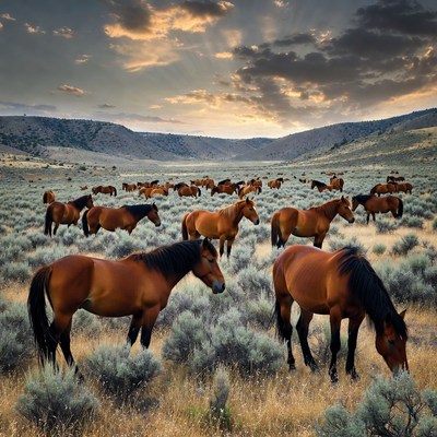 Wild horses roam in a valley