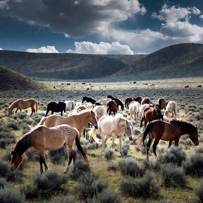 Horses grazing on open land