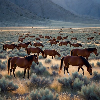 Evening wild horses in open field
