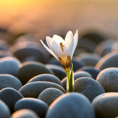 Flower growing among stones during sunset