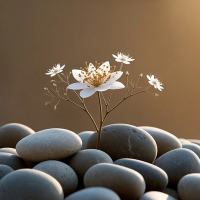 Flower grows among smooth stones