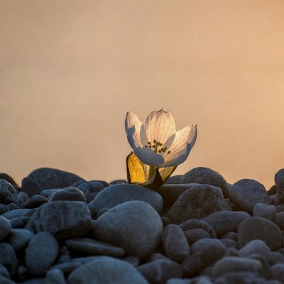 Flower grows among stones at sunset