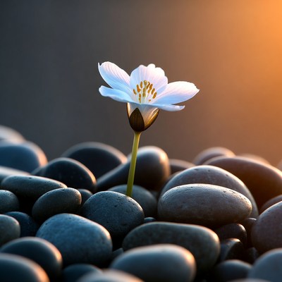 Flower grows among stones at dawn