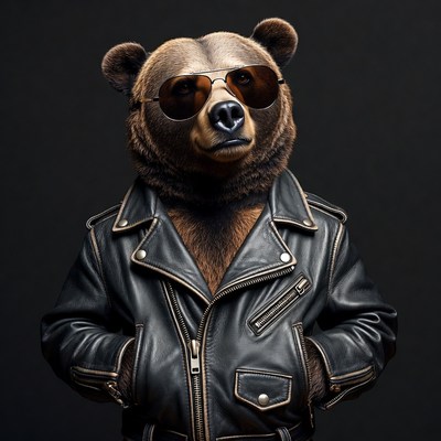 Bear in leather jacket and sunglasses