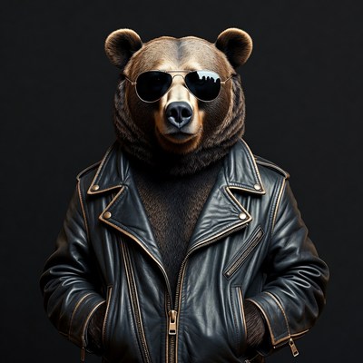 Bear dressed in leather jacket and sunglasses