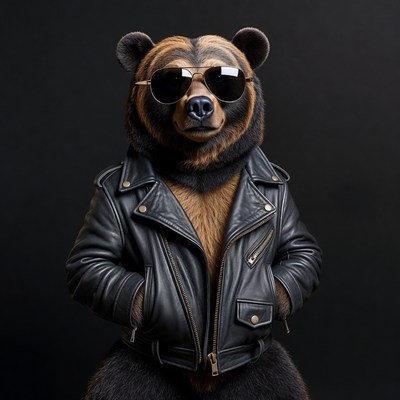 Bear in sunglasses wears leather jacket