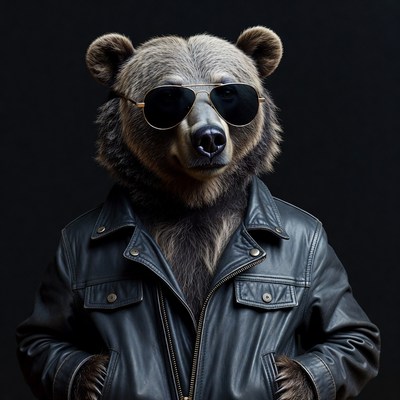 Bear wears sunglasses and leather jacket