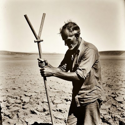 Man using a stick to dig in dry land