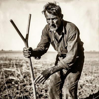 Farmer working in sunlit field