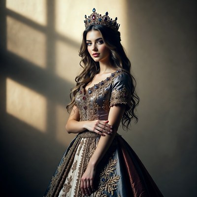 Female model in elegant gown with crown