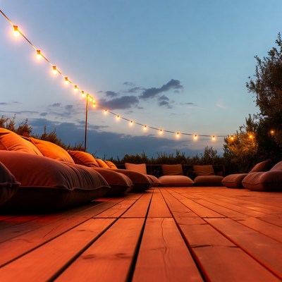 Cozy seating area with lights at dusk