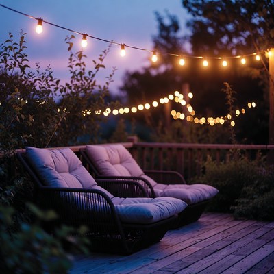 Evening setting with string lights and chairs
