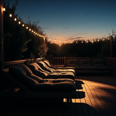 Outdoor seating area at sunset
