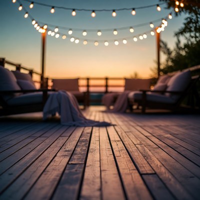 Sunset view from wooden deck at evening