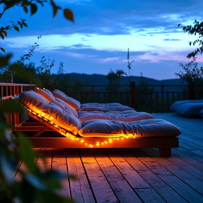 Outdoor lounge with lights at dusk