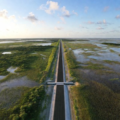 Road through wetlands in sunny weather