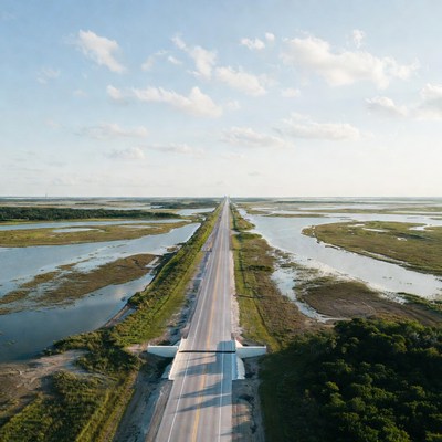Long road through marshland in daylight