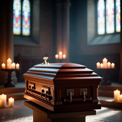 Funeral setting with wooden coffin and candles