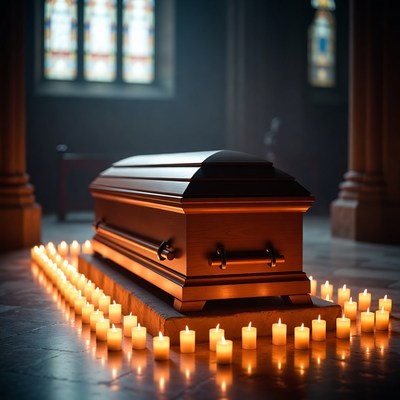 Candles surround casket in church