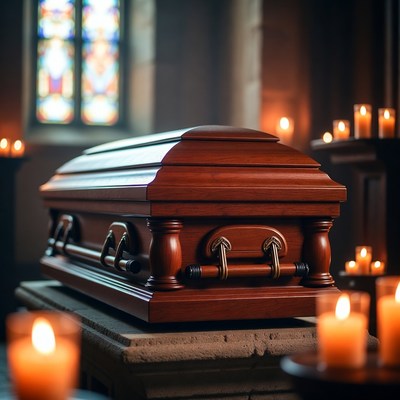 Wooden coffin in candlelit setting
