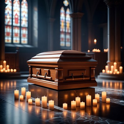 Candlelight around wooden coffin in chapel