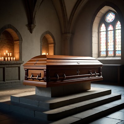 Coffin in a dimly lit chapel