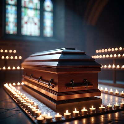 Coffin surrounded by candles in church