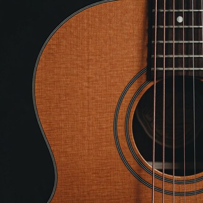 Close view of acoustic guitar body