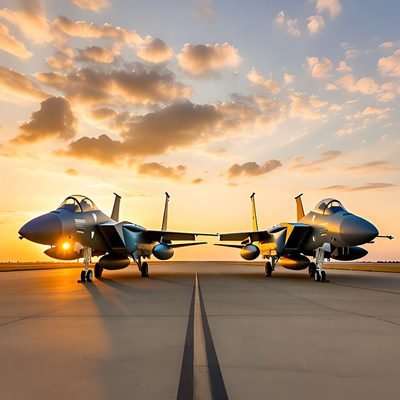 Jets lined up during sunset at the airbase