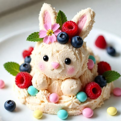Cute bunny dessert with fruits on plate