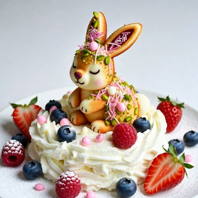 Dessert featuring a rabbit on cream