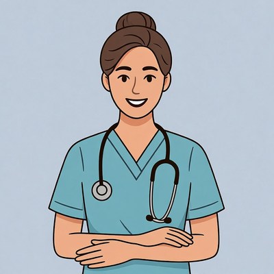 Nurse smiling with stethoscope in scrubs