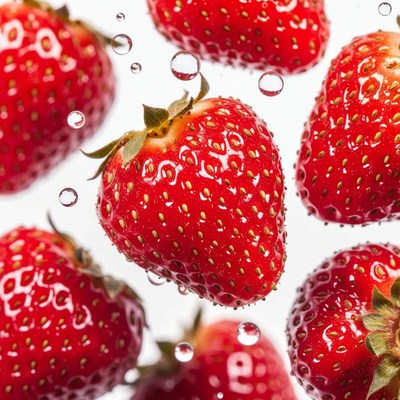 Fresh strawberries in water droplets