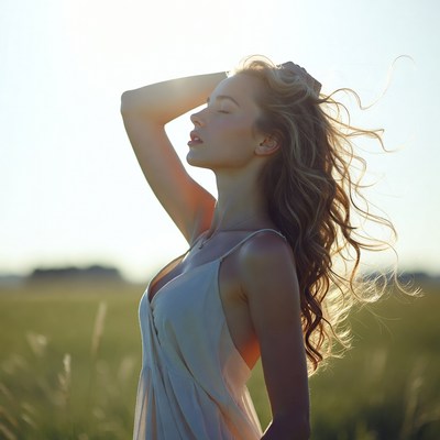 Woman enjoying sun in open field