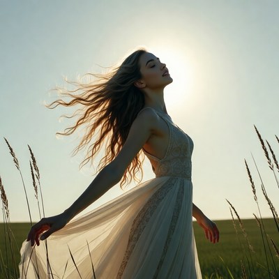 Woman in field with wind