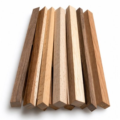 Different wood pieces on a white background