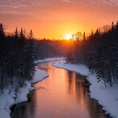 Sunrise over snowy river