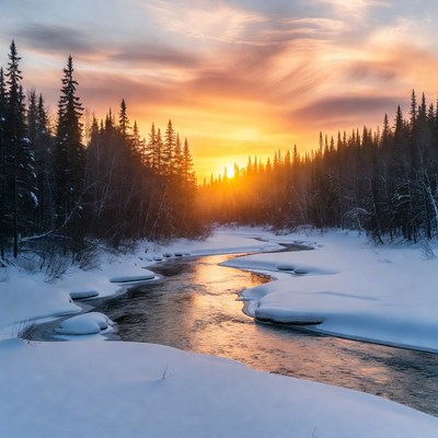 Sunset over snowy river bend